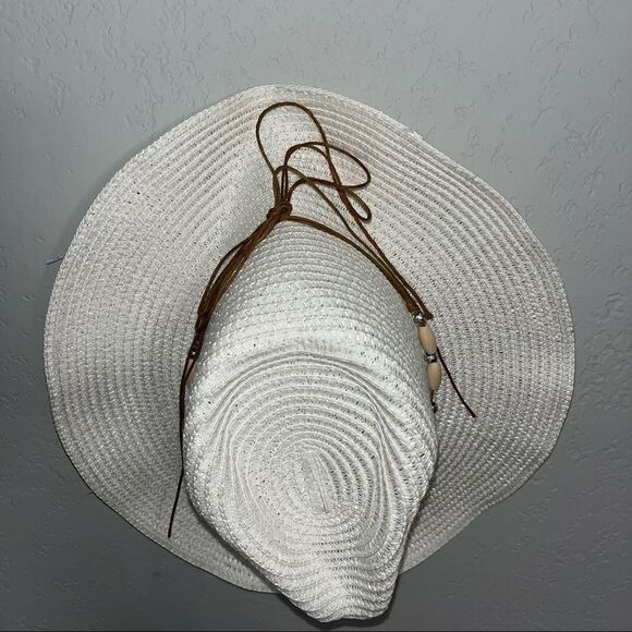 Women's White Western Festival Hat with Turquoise Leather Beaded Band - Picture 9 of 9